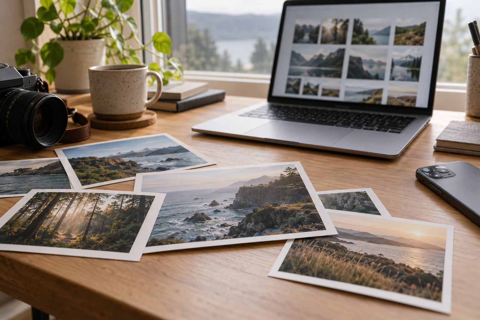AI-generated illustration of landscape photo prints, a smartphone and a laptop on a sunlit wooden desk.