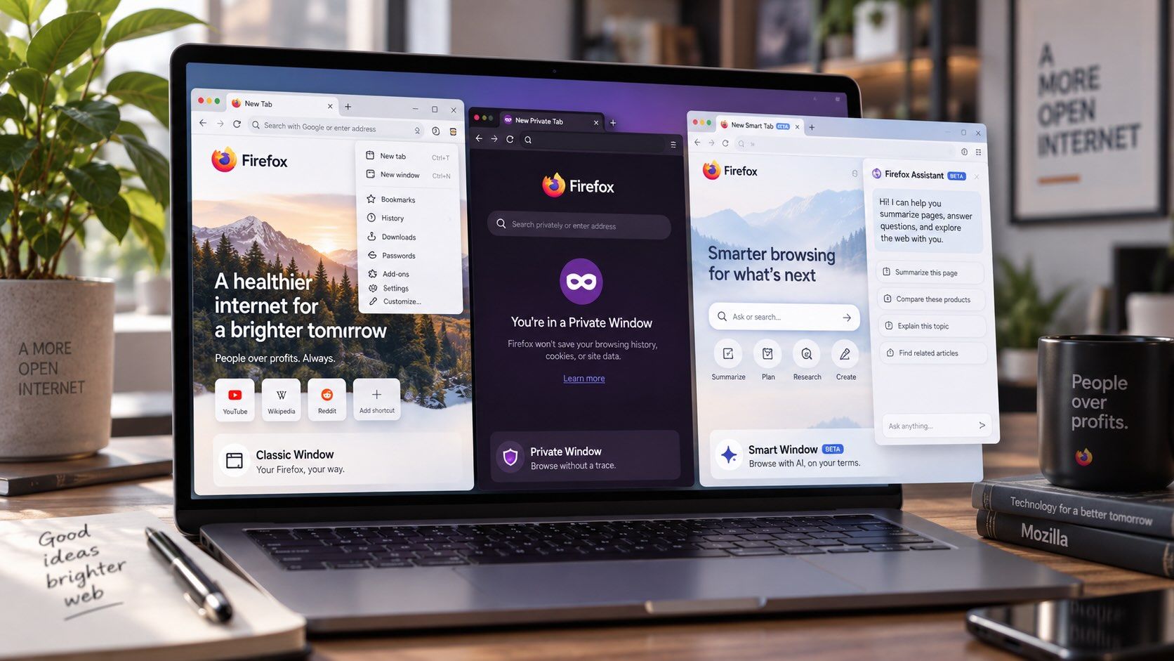 Editorial illustration of a laptop displaying three conceptual Firefox browsing modes: Classic, Private and Smart, with customization, privacy and AI-assistant features represented on screen.