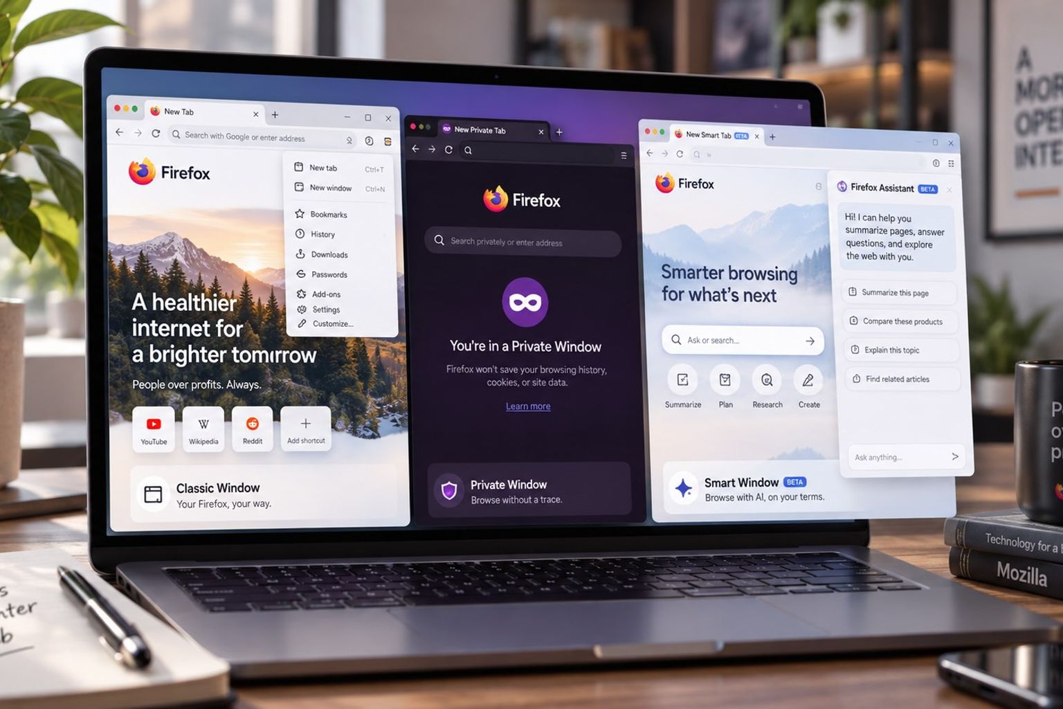 Editorial illustration of a laptop displaying three conceptual Firefox browsing modes: Classic, Private and Smart, with customization, privacy and AI-assistant features represented on screen.