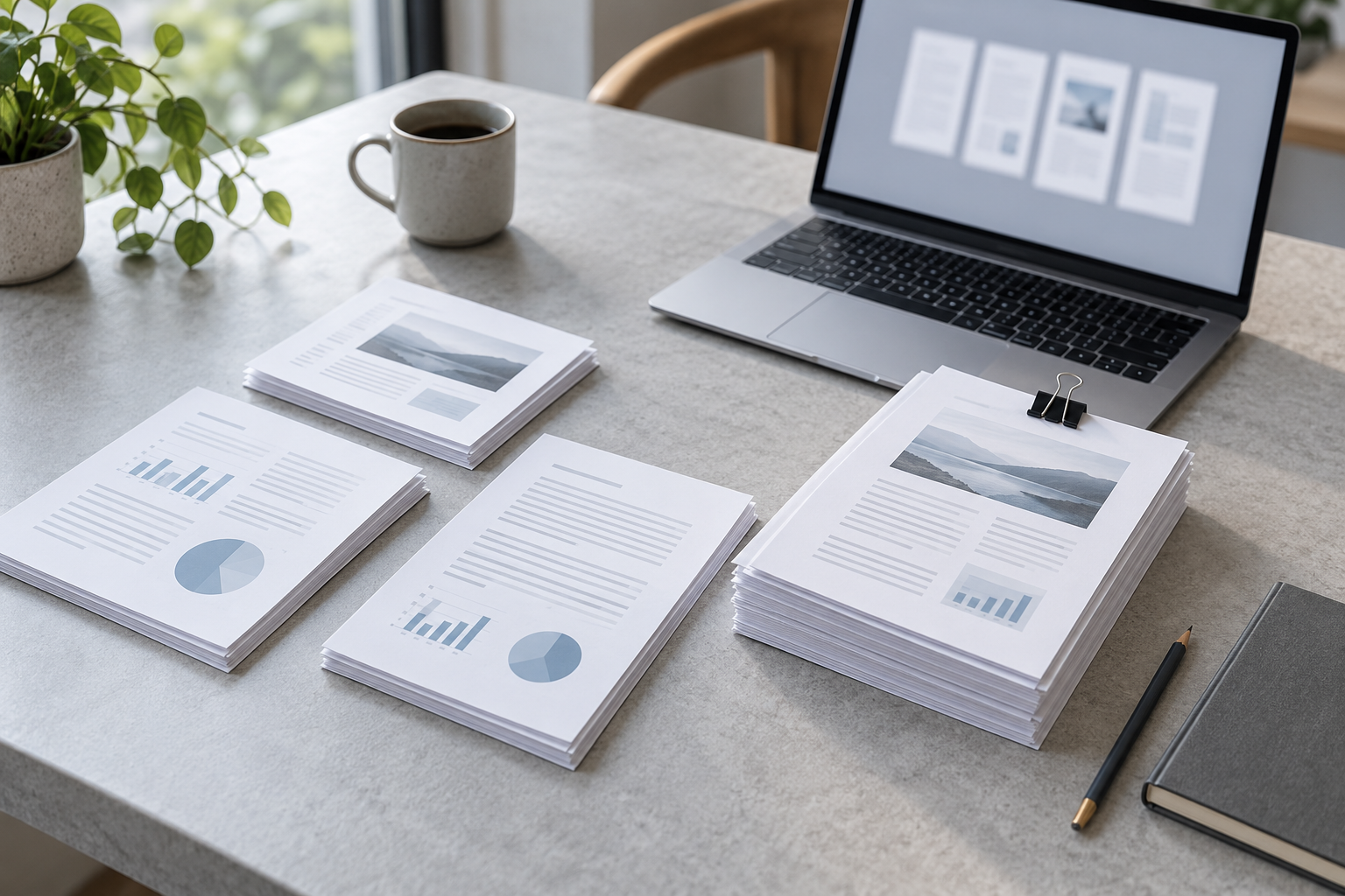 AI-generated illustration of separate document stacks and a clipped combined stack beside a laptop.