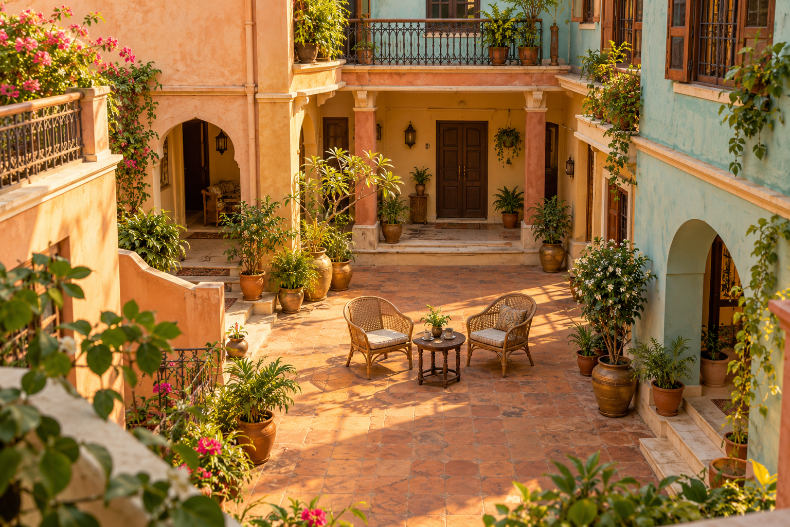 Two empty cane chairs and a small table sit in a warm Indian-style residential courtyard with balconies and potted plants.