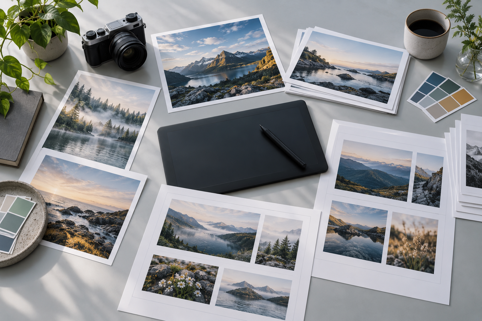 AI-generated illustration of photo prints and page proofs beside digital editing equipment on a creative desk.
