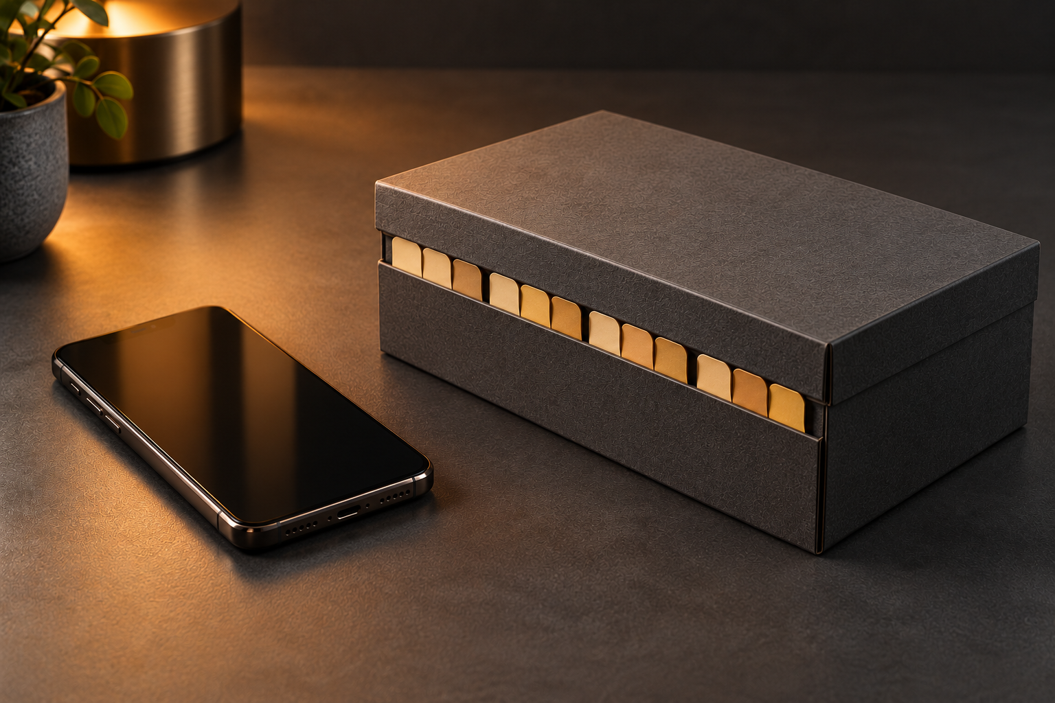 An unbranded smartphone with a dark screen beside a closed graphite archive box with twelve blank divider tabs.
