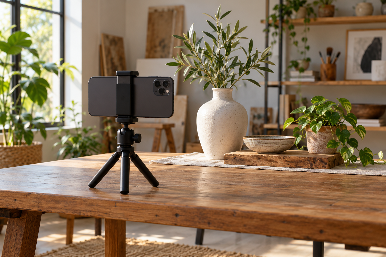 AI-generated illustration of a generic phone mounted on a tripod beside a tabletop studio scene.