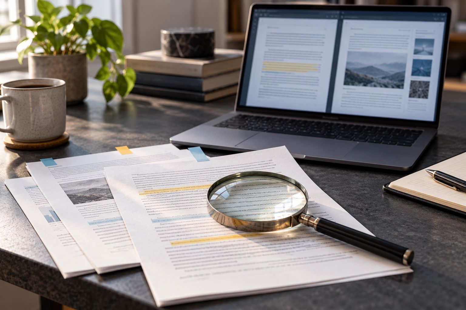 A magnifying glass rests on highlighted research papers beside a laptop displaying documents.