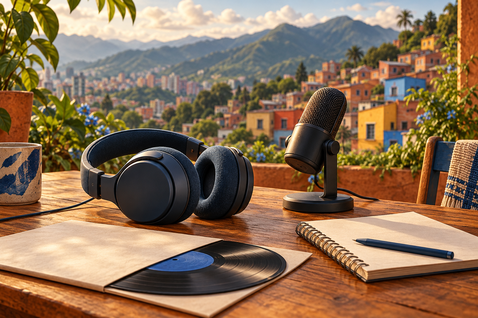 Unbranded headphones, a desk microphone, a vinyl record and a blank notebook overlook a fictional colorful neighborhood and mountains.