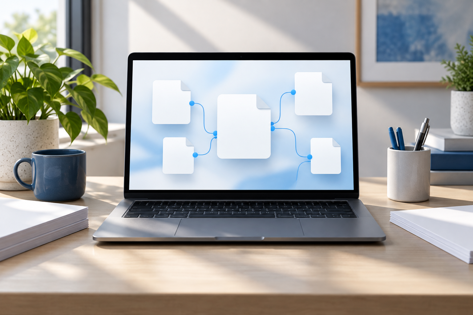 A blank document and generic laptop are connected by subtle blue lines to conceptual web-source cards.