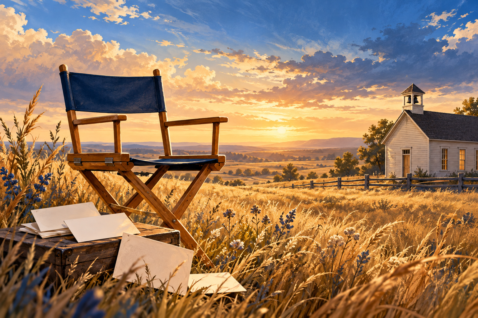 Conceptual illustration of an empty director’s chair, blank casting cards and a prairie schoolhouse.