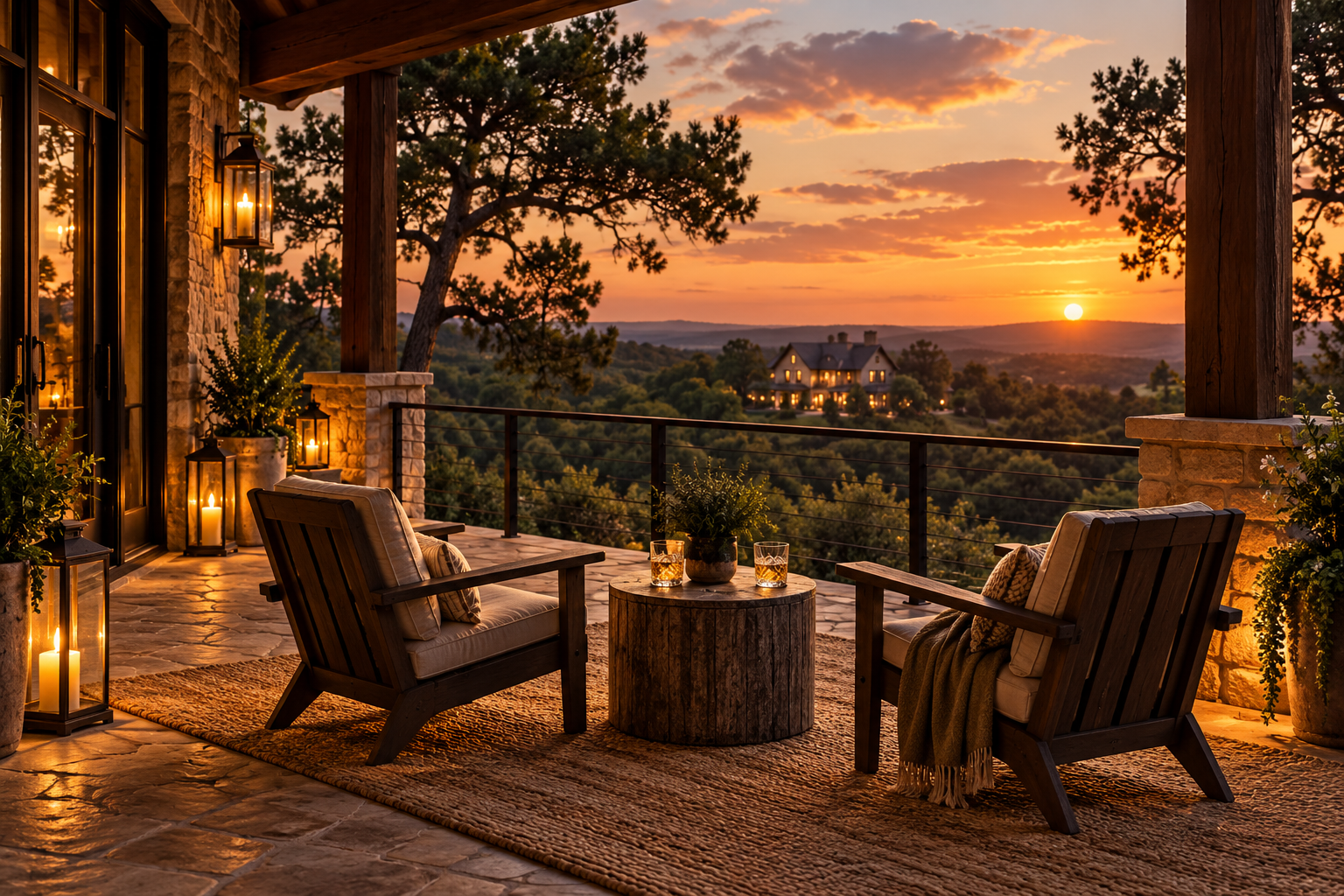 Two empty chairs and untouched glasses sit on an elegant veranda at dusk.