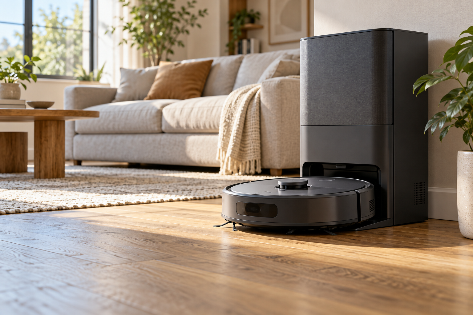 Generic robot vacuum and charging base on a wooden floor in a sunlit living room.