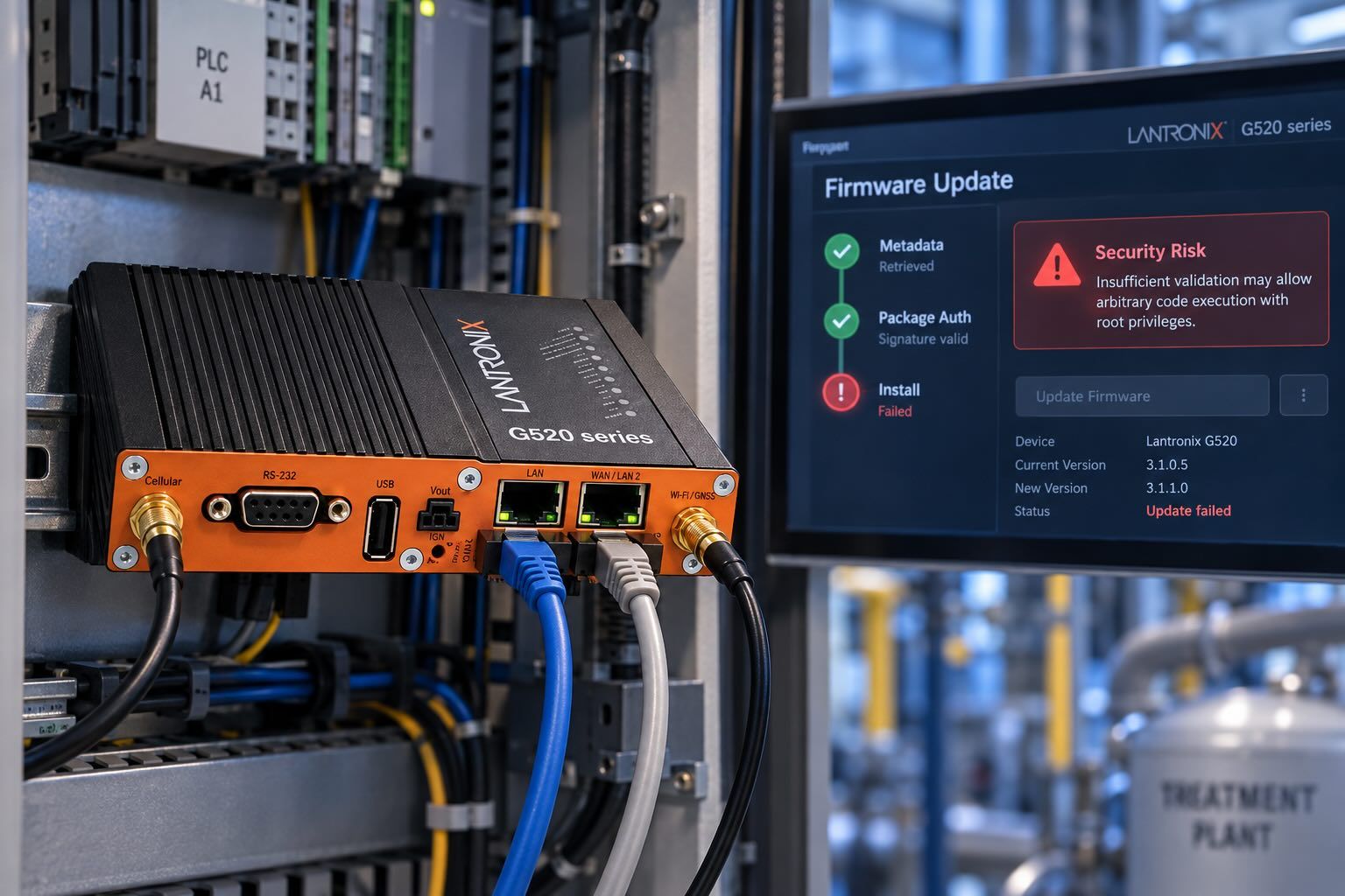 Editorial illustration of a Lantronix G520 industrial gateway connected inside a control cabinet beside a screen showing a firmware update security warning.