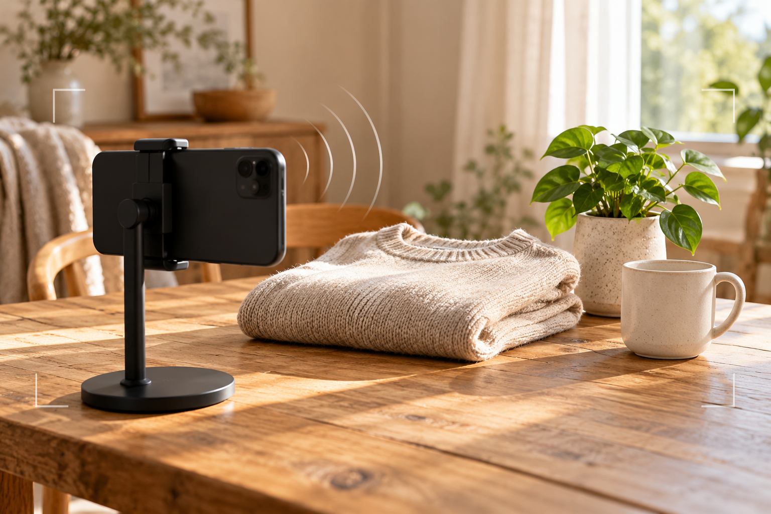 A generic smartphone on a stand beside a folded sweater, mug and plant, with subtle audio-wave and framing motifs.