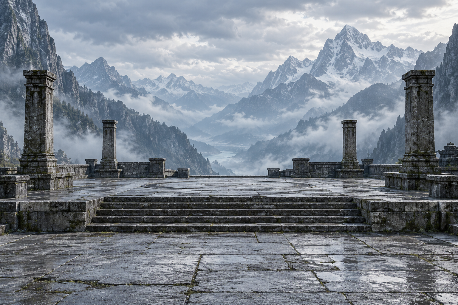 An empty stone training platform framed by weathered columns overlooks misty mountains.