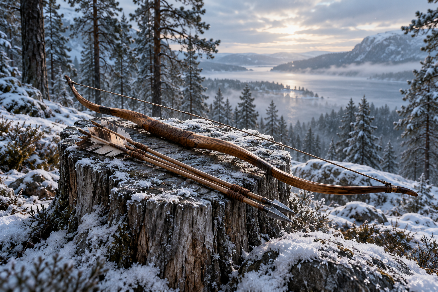 A wooden bow and three feathered arrows rest on a snow-dusted stump overlooking a wintry Nordic forest and lake.