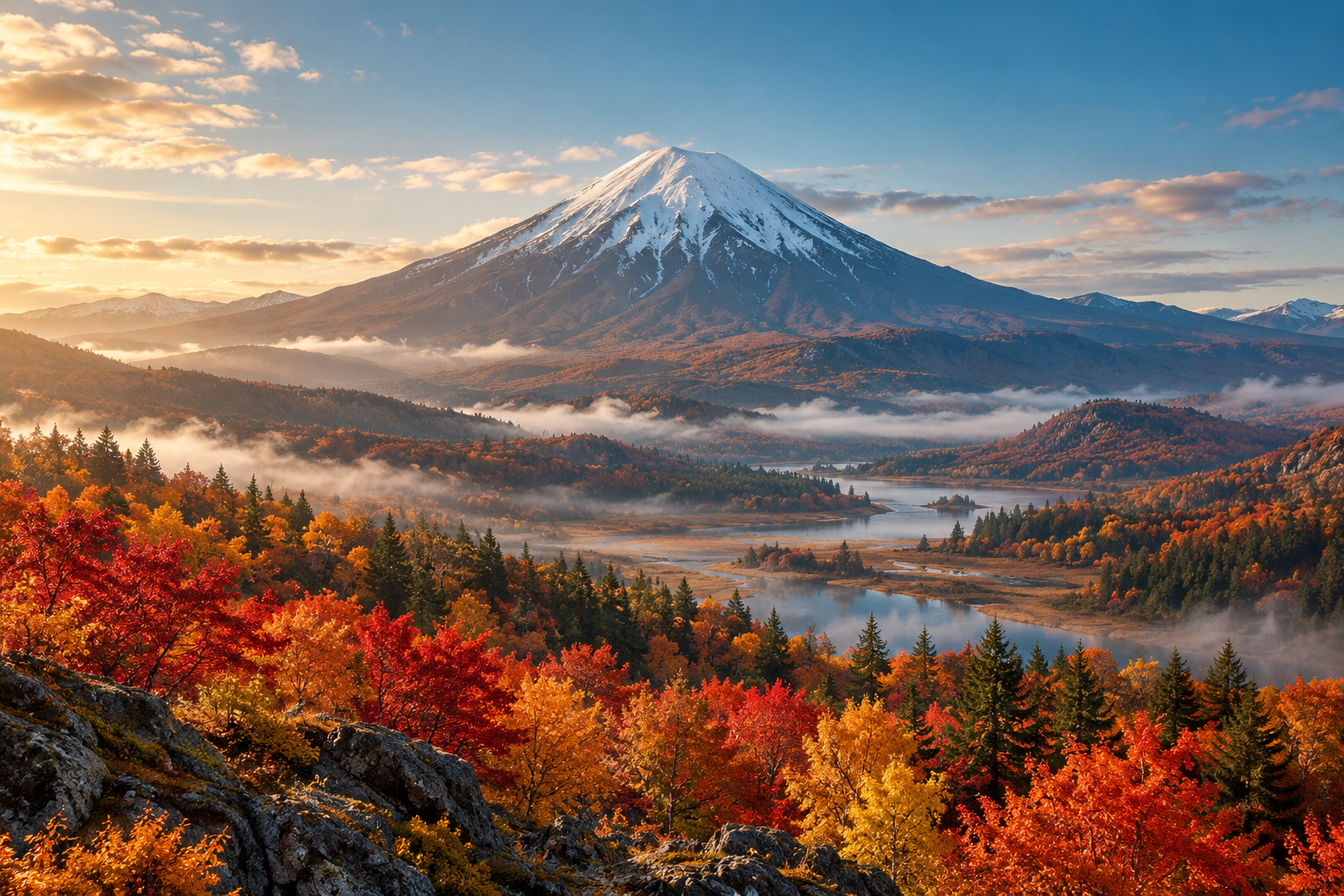 AI-generated illustration of a snow-dusted Japanese mountain above an autumn forest and misty valley.