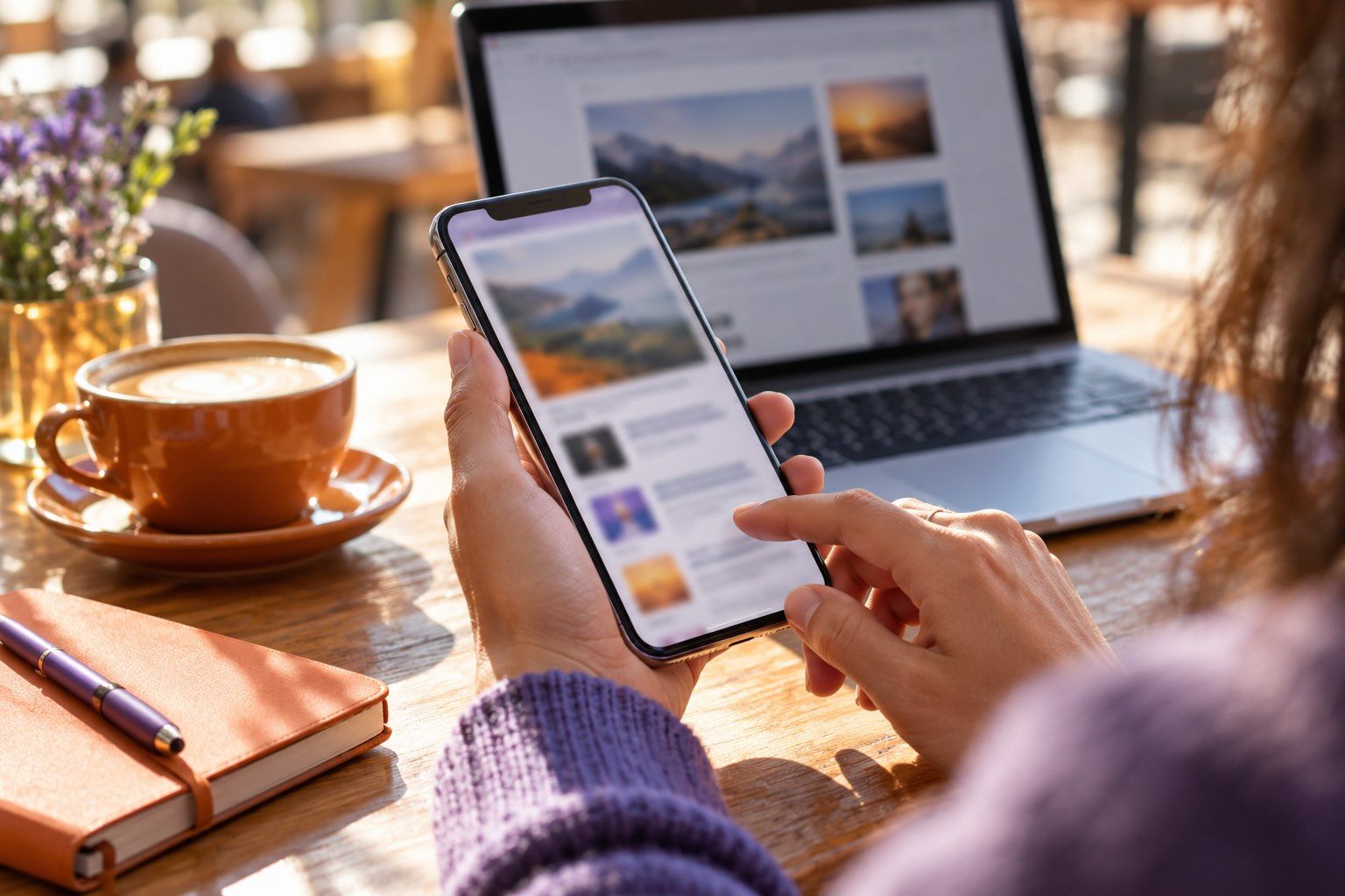 A person browses on a smartphone beside an open laptop and a cup of coffee at a sunlit café table.
