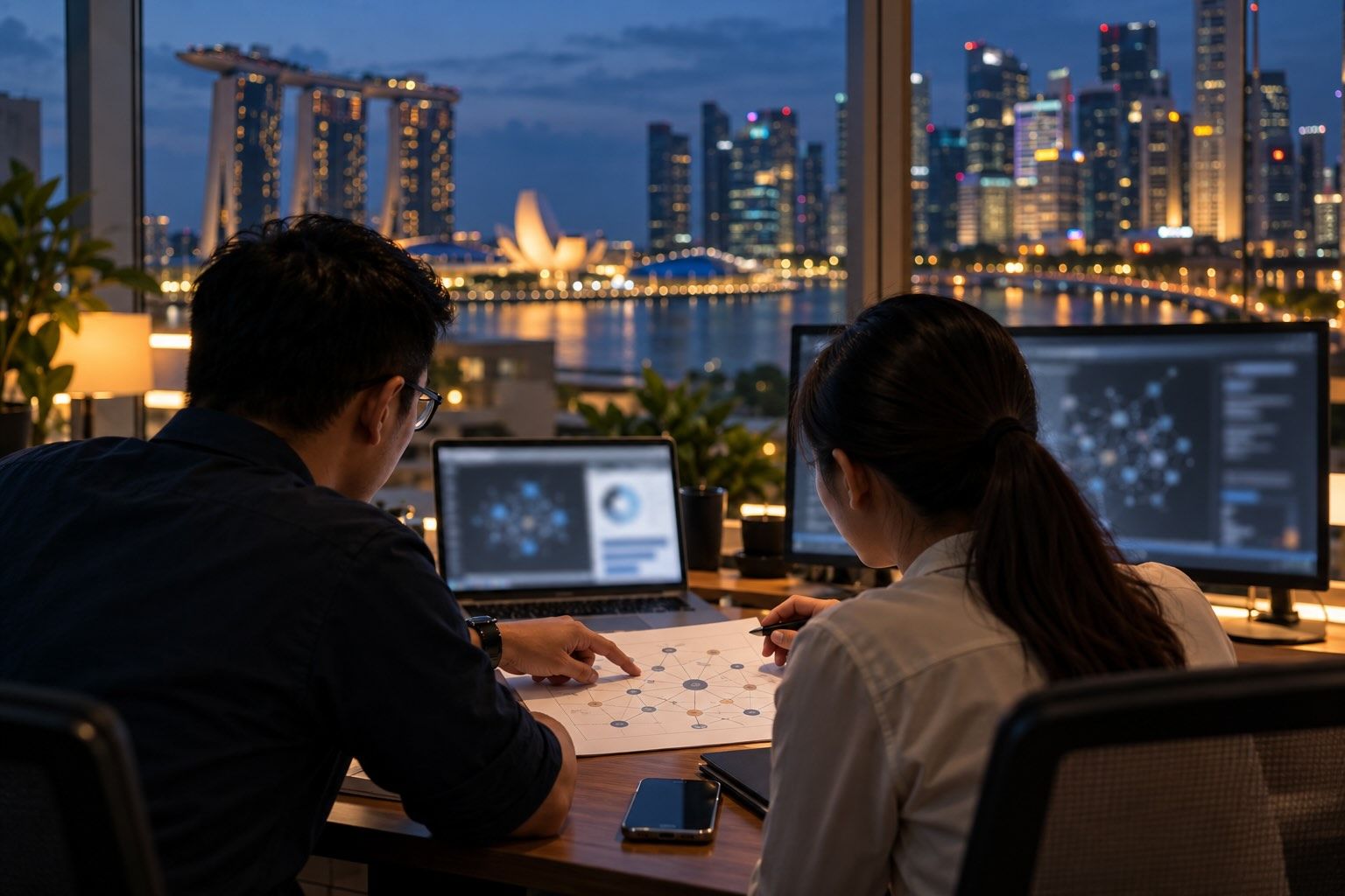 Two people review a network diagram at a desk with computer screens and Singapore’s Marina Bay skyline behind them.