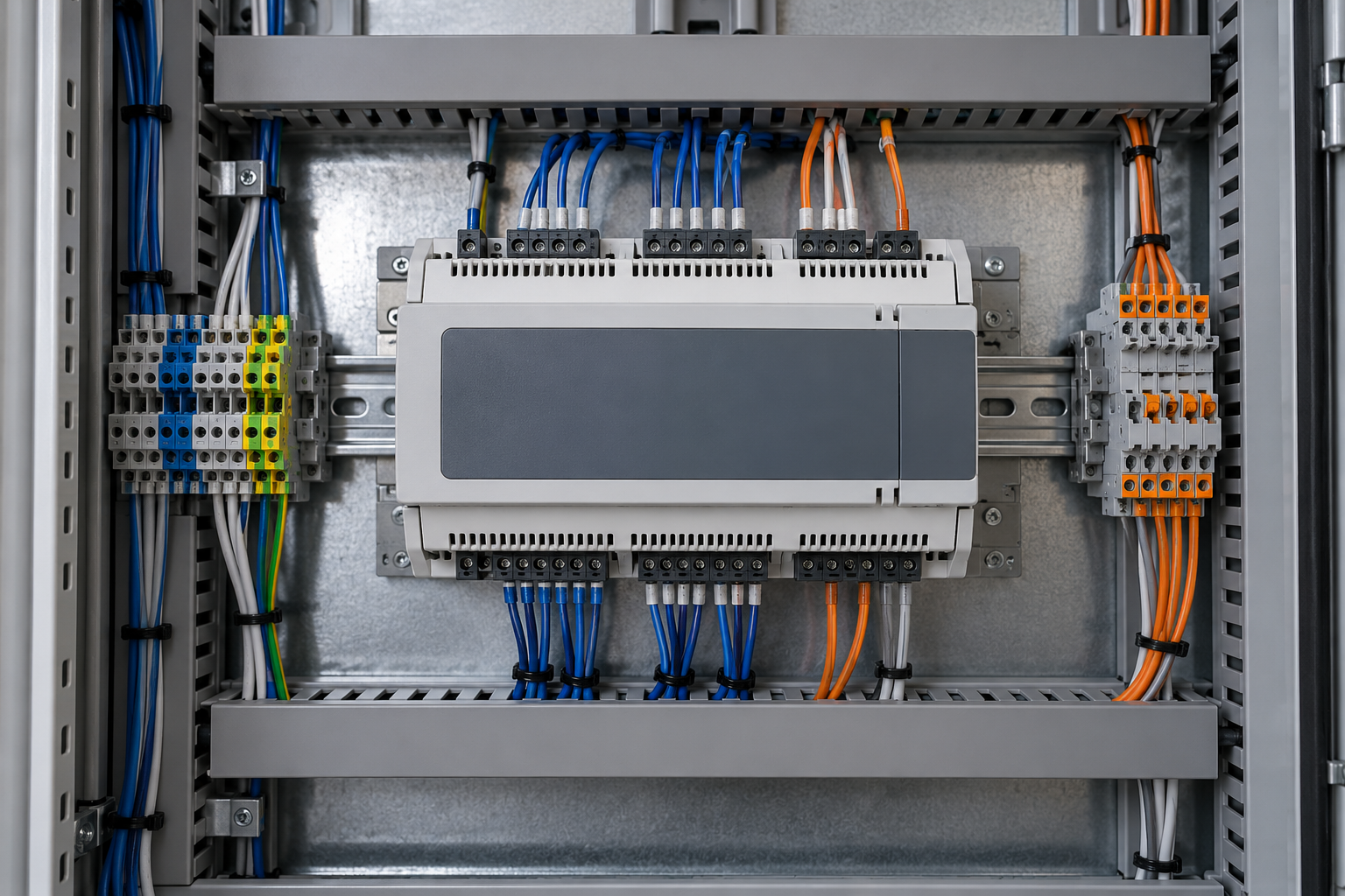 AI-generated illustration of a generic building automation controller with neatly routed wiring in a cabinet.