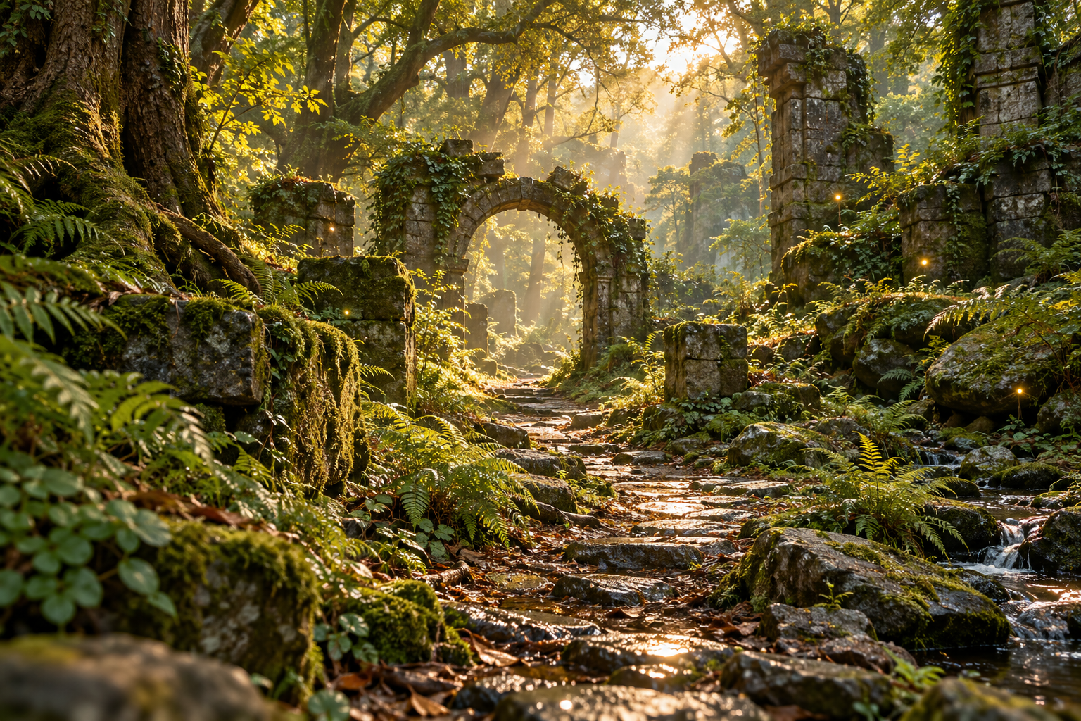 A forest path leads through moss-covered ancient ruins beneath warm sunlight and small floating lights.