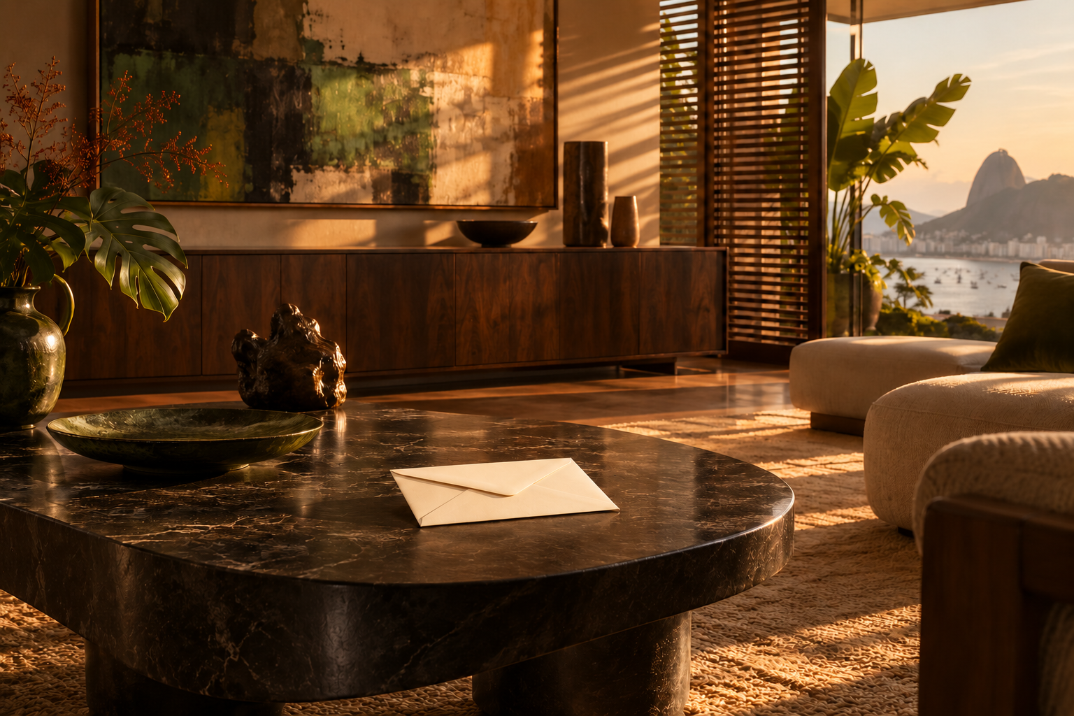 AI illustration of a sealed envelope on a dark stone table in a sunlit Rio de Janeiro interior with abstract art.