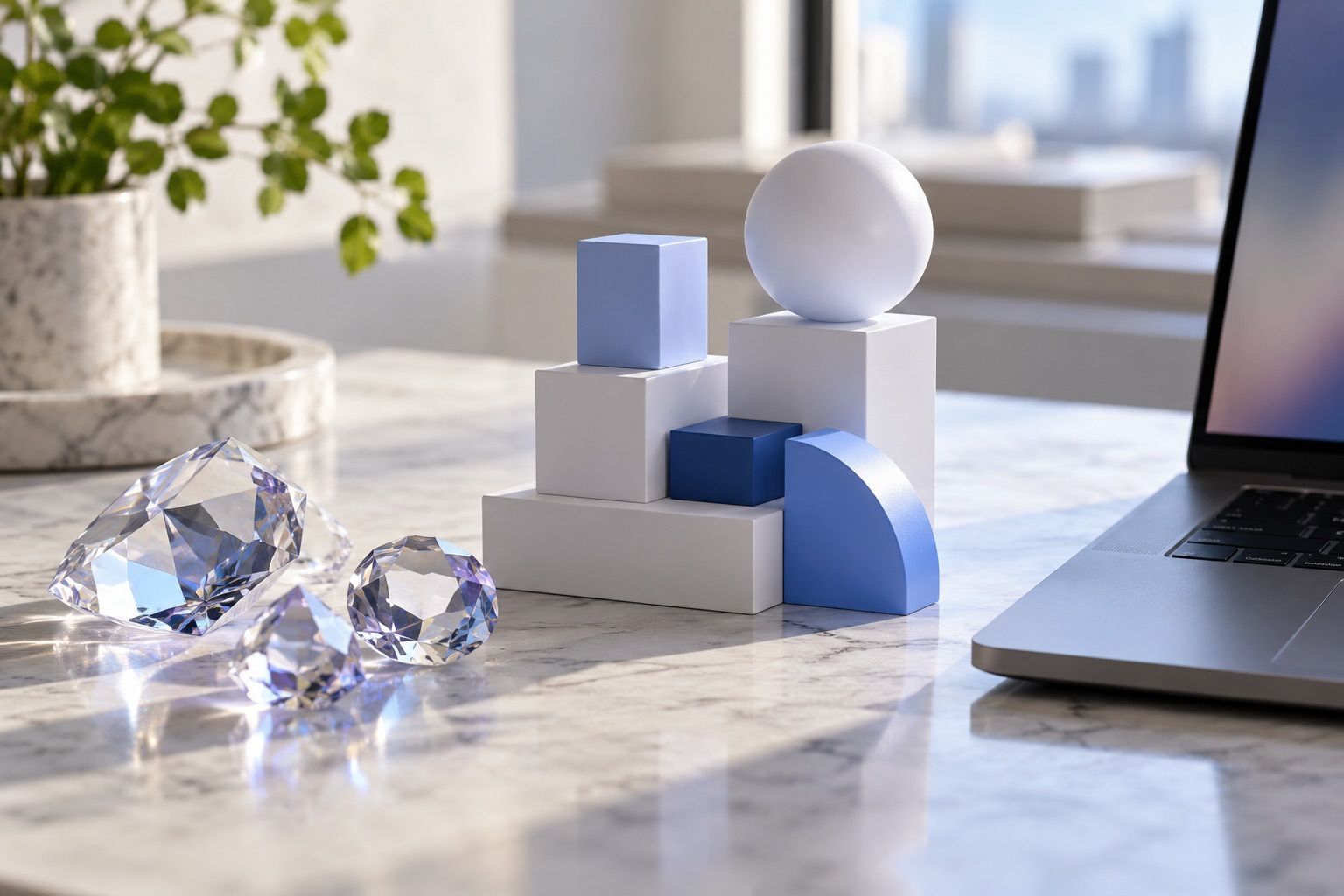 Clear glass gems sit beside stacked blue and white geometric blocks and a laptop on a bright desk.