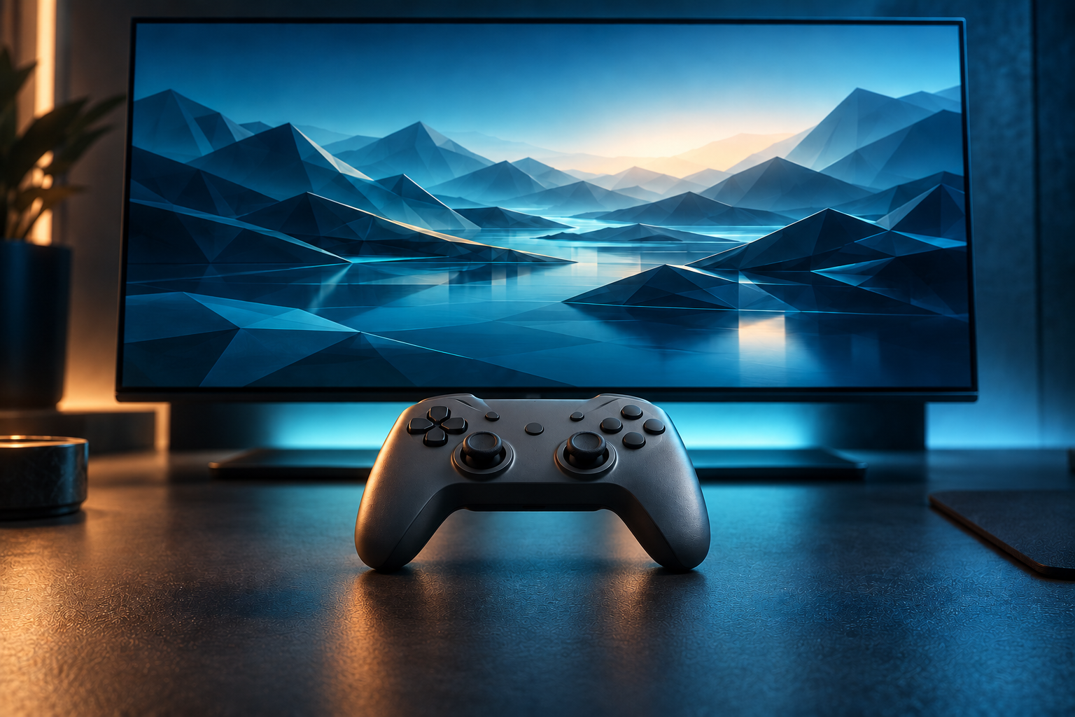 AI illustration of an unbranded game controller in front of a screen displaying an abstract blue geometric landscape.