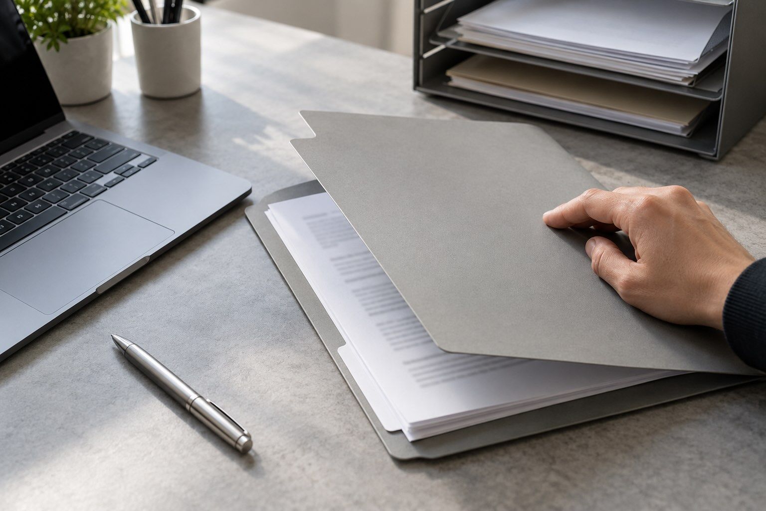 A hand closes a gray folder over printed documents beside a laptop, pen and paper tray.