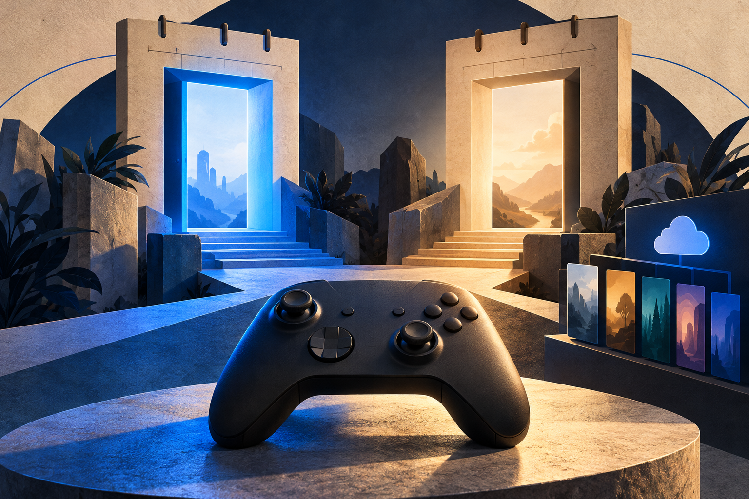 Conceptual illustration of an unbranded game controller facing two illuminated, calendar-like gateways.