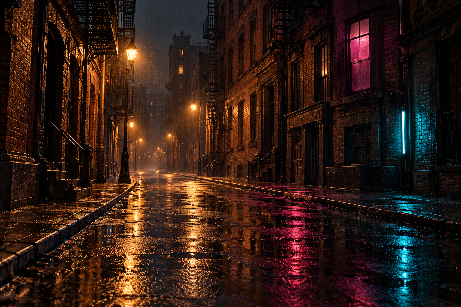 Rain falls on a deserted fictional noir street with wet pavement, amber lamps and subtle colored lights.