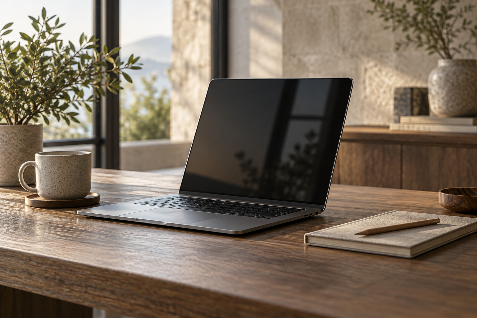 AI-generated illustration of a laptop and notebook on a warmly lit desk.