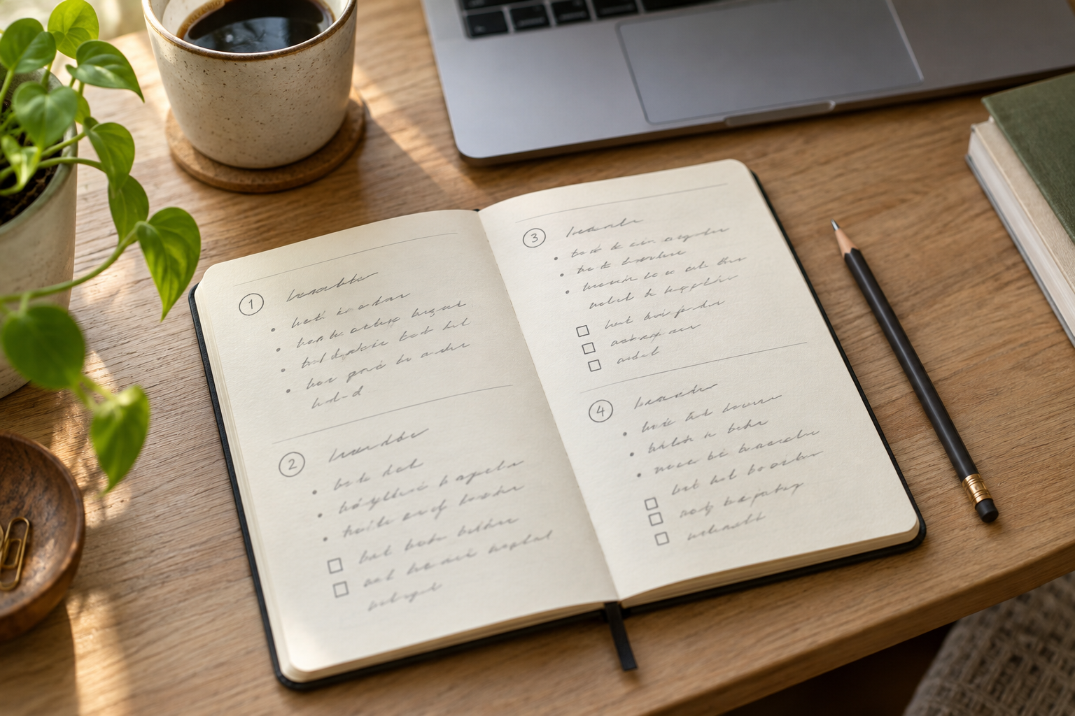 An open notebook with four numbered sections and checkboxes beside a pencil and laptop on a sunlit wooden desk.