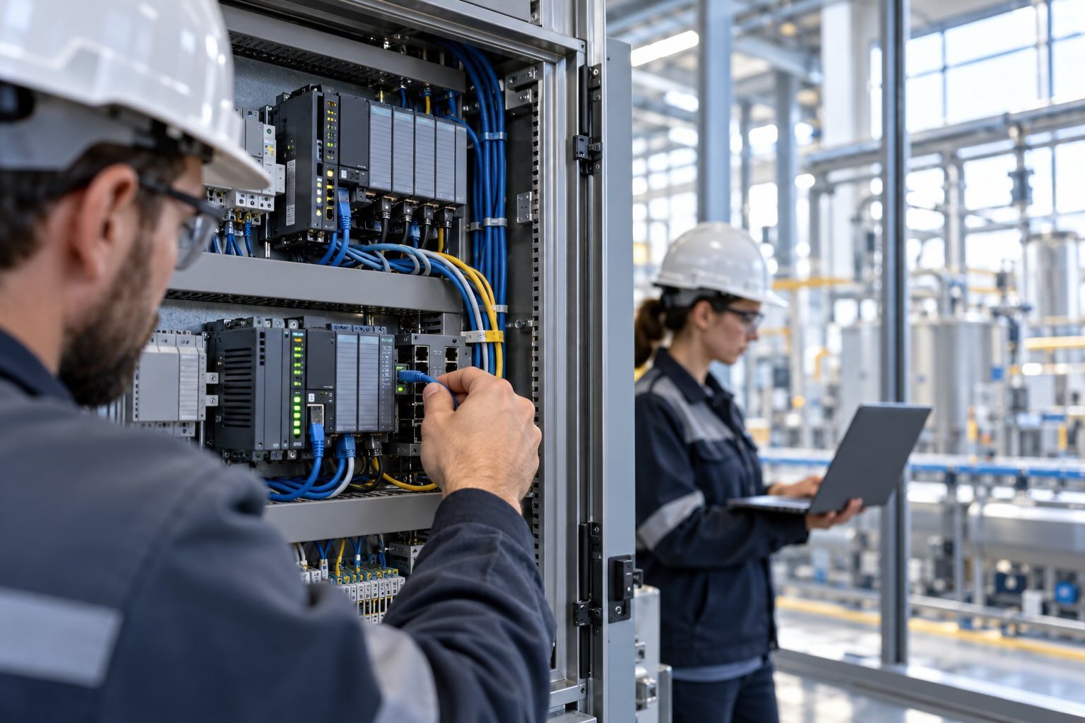 Two engineers inspect an industrial control cabinet, one checking a network cable while the other uses a laptop.