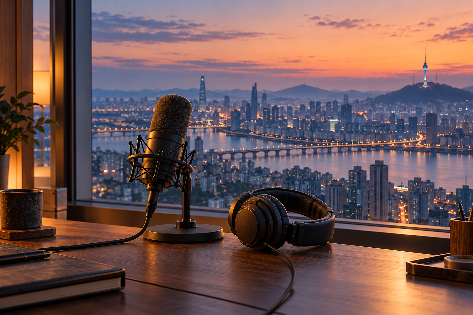 A podcast microphone and headphones beside a window overlooking a Korean city skyline at dusk.