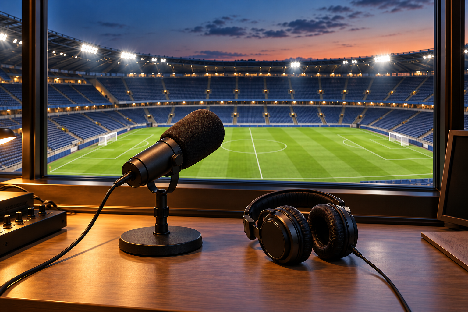 A broadcast microphone and headphones sit in an empty commentary booth overlooking an illuminated football pitch.