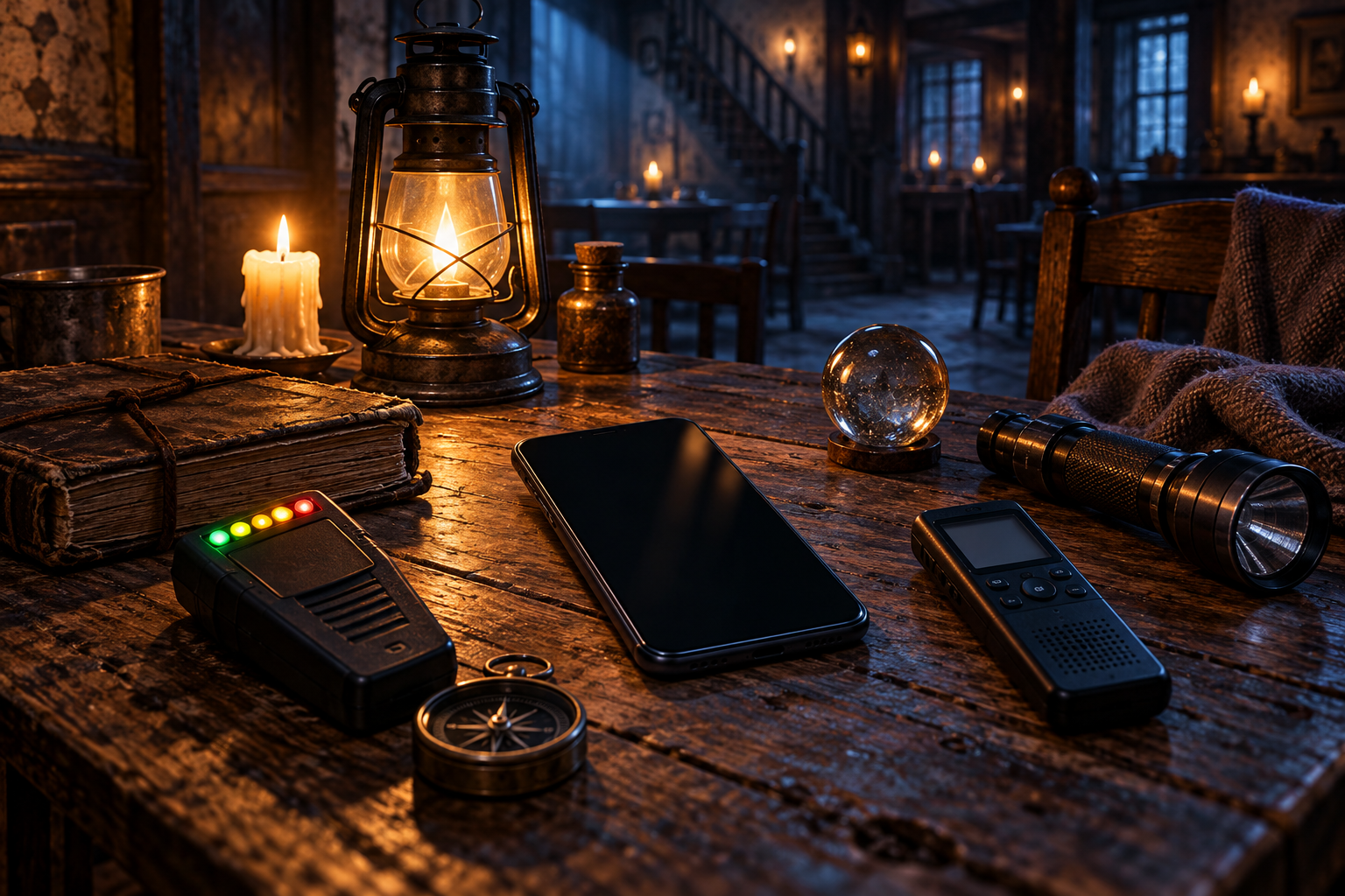 A dark-screen smartphone and unbranded instruments sit on a wooden table in a dim fictional inn.