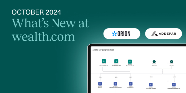 Wealth.com product updates for October 2024 including bulk asset upload via spreadsheet, Orion and Addepar integrations, Entity Structure Flowchart and more