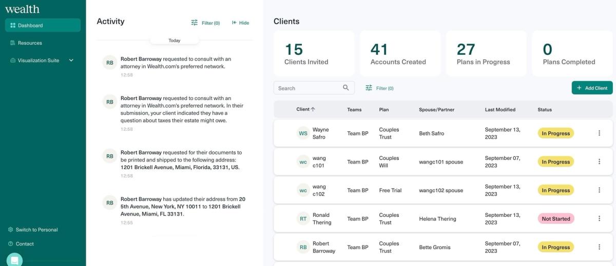wealth.com client updates activity