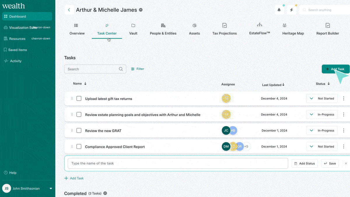 wealth.com new Task Center feature that allows advisors to create individual tasks for clients, assign owners and priority as well as get email notifications