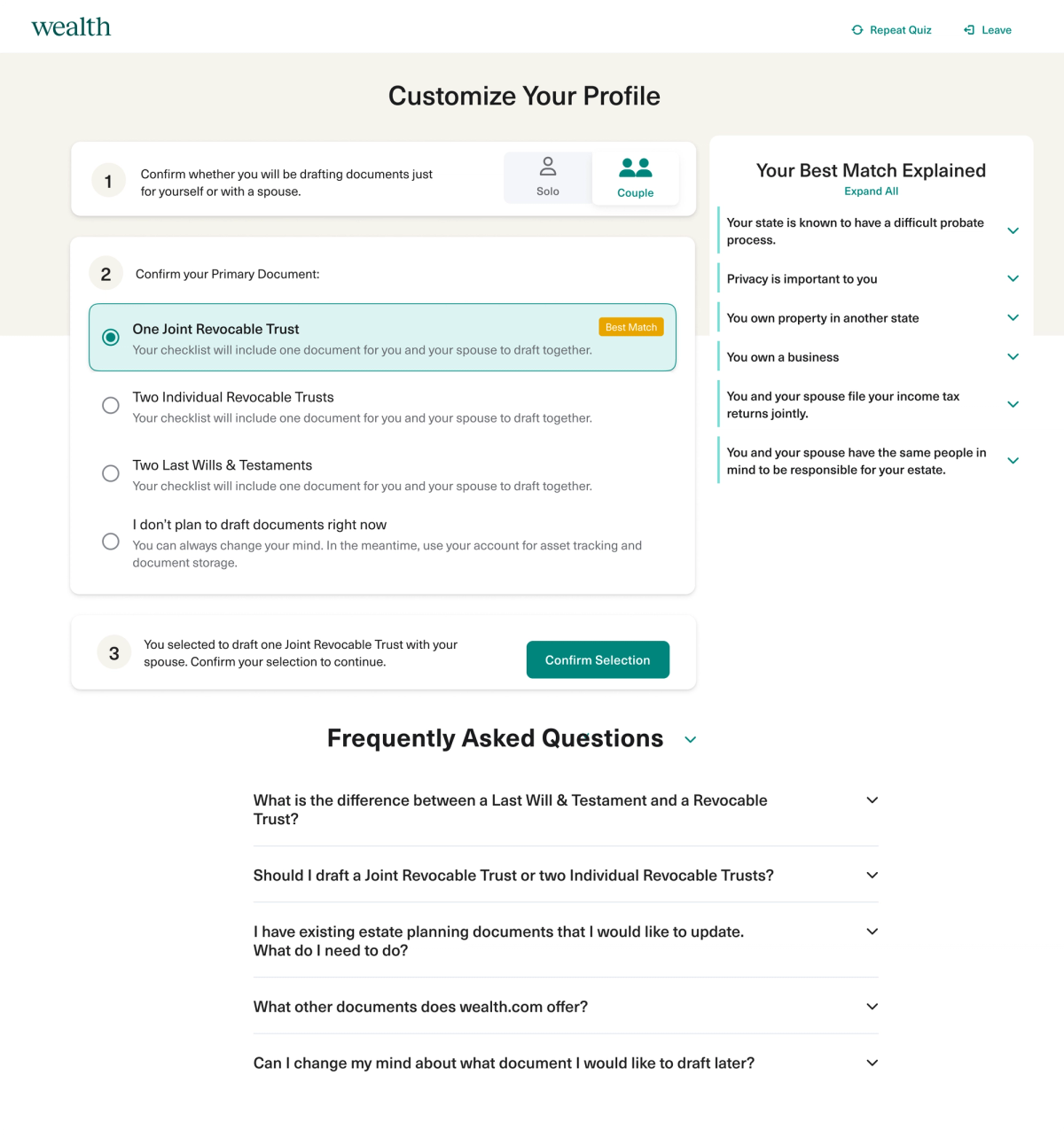 Improved client onboarding experience for creating estate plan documents on wealth.com