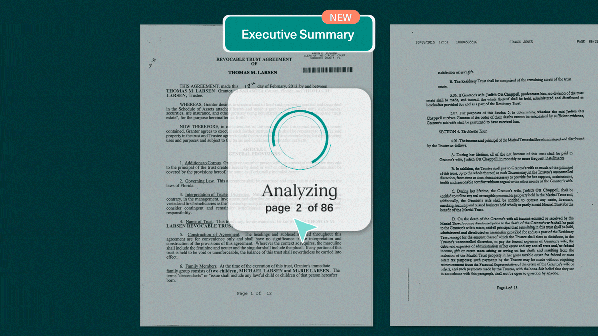 wealth.com's Ester™ AI Executive Summary feature, a concise overview of extracted information from estate planning documents