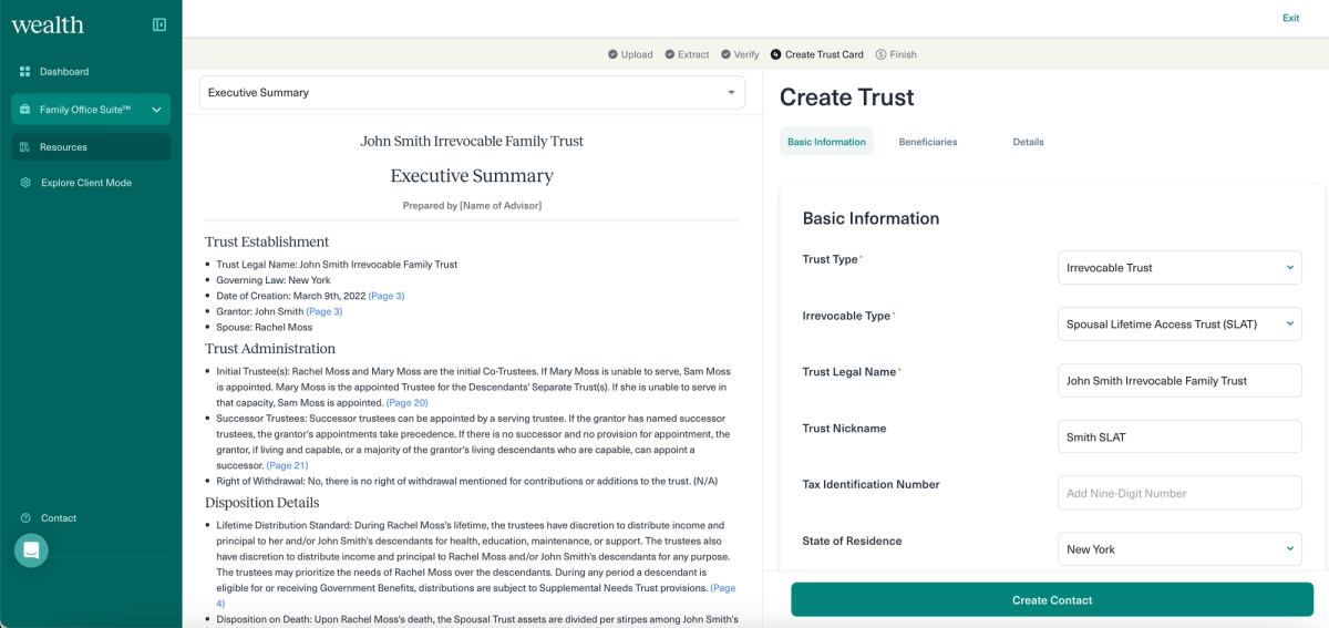 Wealth.com Ester AI Executive Summary now allows for fast trust details to be used for visualizations and Report Builder