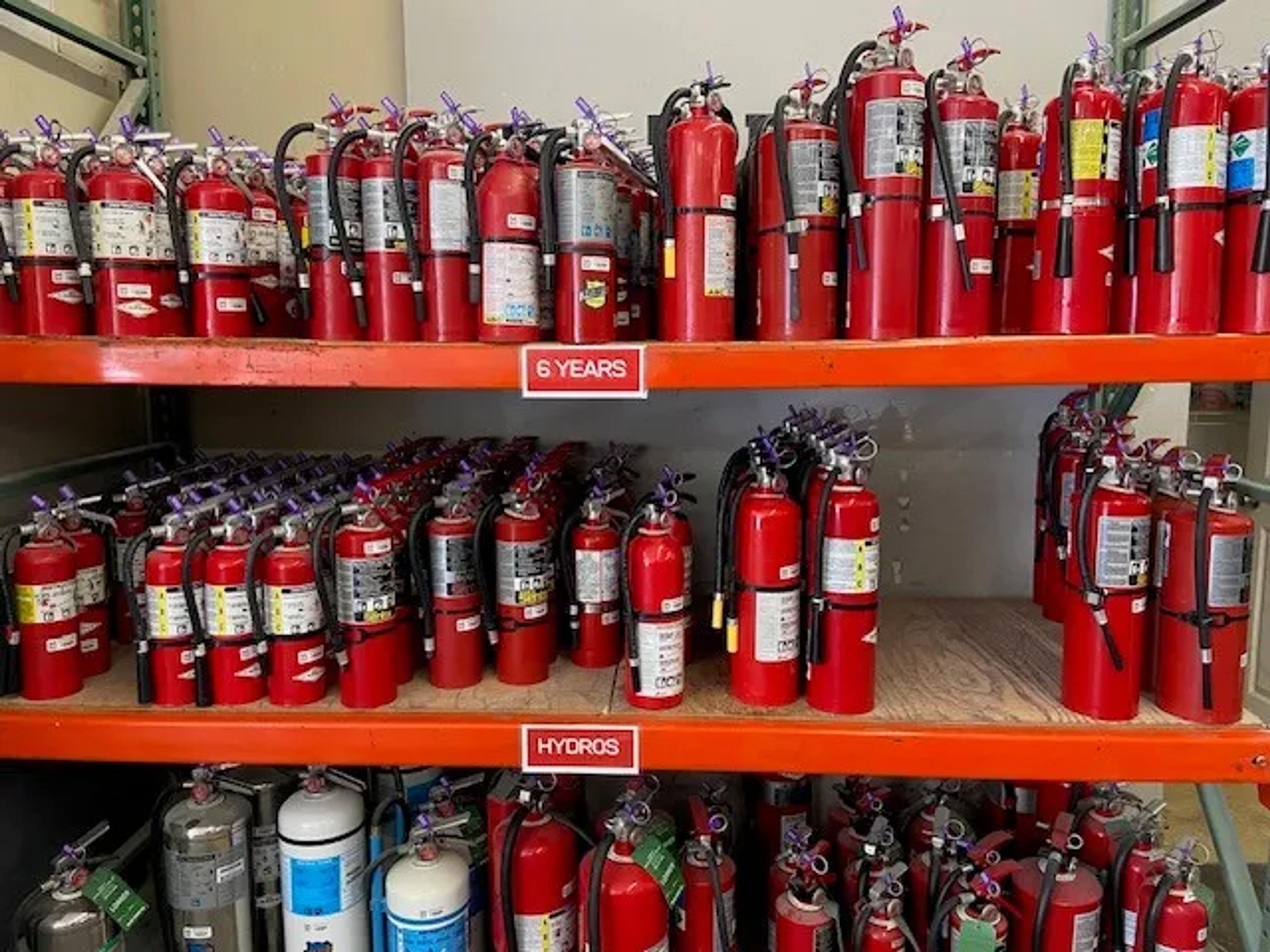 Fire extinguishers on a shelf