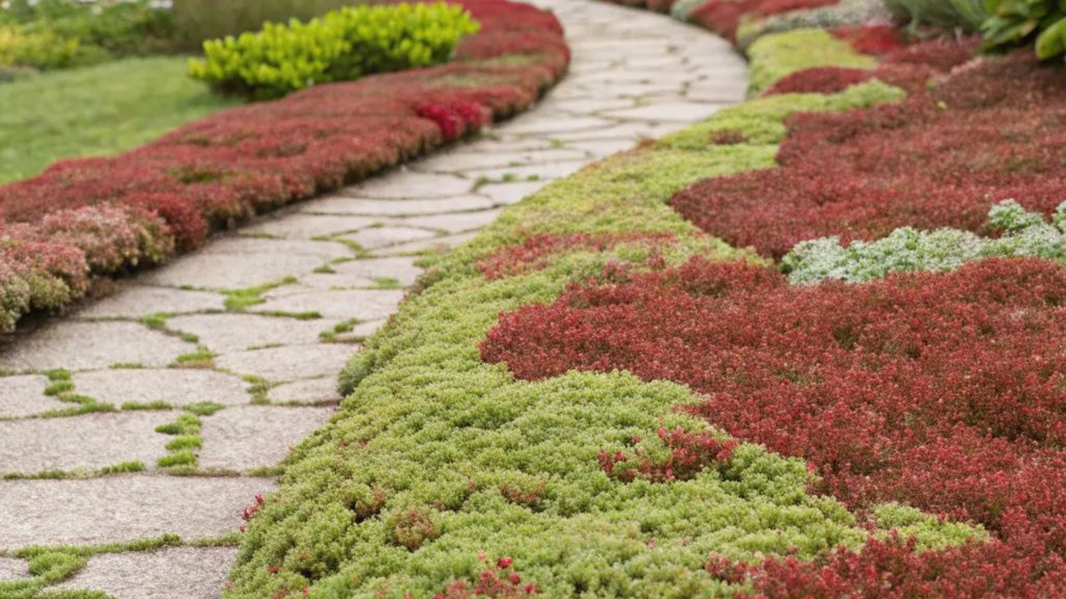 Jardín sostenible con plantas tapizantes Sedum de colores rojo y verde bordeando un sendero de losas de piedra natural.