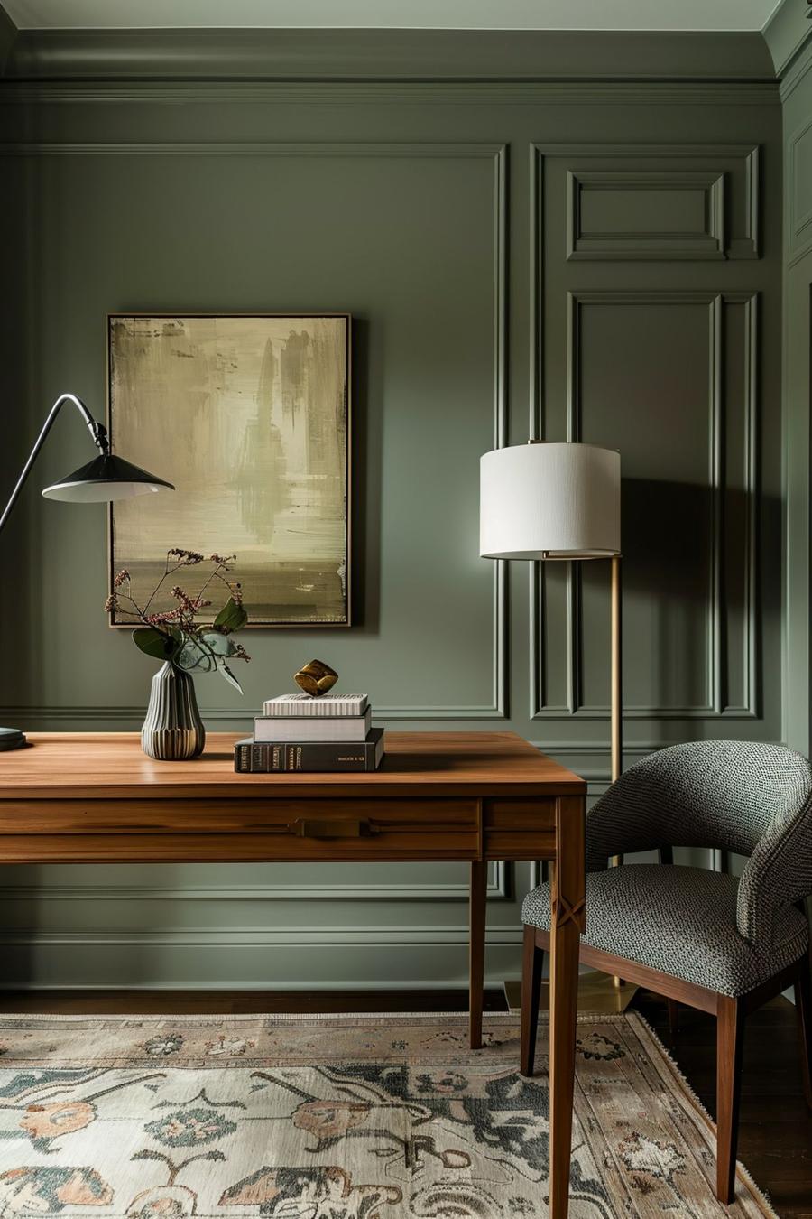 Despacho elegante con paredes verde salvia con molduras, escritorio de madera y decoración de interiores en Madrid.