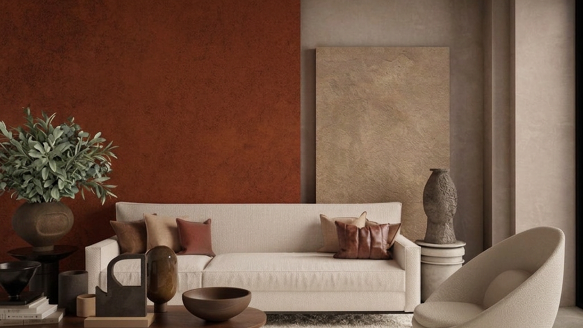 Salón de diseño en Madrid con pared terracota, sofá beige y decoración otoñal moderna.