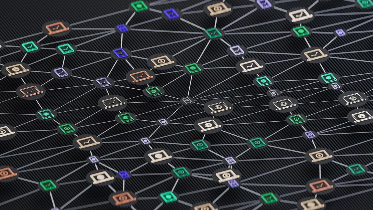 Abstraktes Netzwerk verbundener Knoten als Illustration für MCP und B2B-Software-Geschäftsmodelle