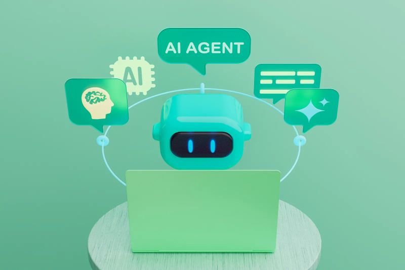 AI-Agent mit Sprechblasen und AI-Symbolen vor einem Laptop, symbolisiert Multi-Agenten-RAG-Systeme im Unternehmenseinsatz