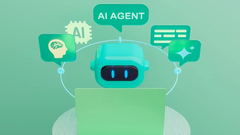 AI-Agent mit Sprechblasen und AI-Symbolen vor einem Laptop, symbolisiert Multi-Agenten-RAG-Systeme im Unternehmenseinsatz