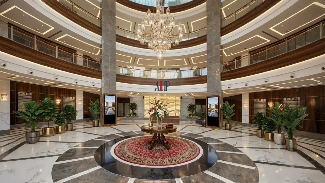 Chandelier-lit circular lobby atrium at AIHP Imperial, Sector 32, Gurgaon
