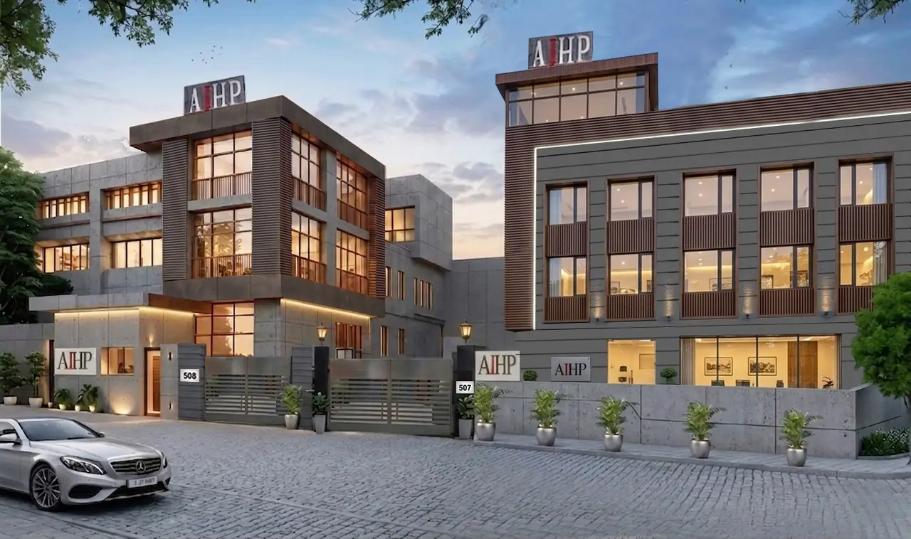 AIHP 507-508 building facade at dusk, Udyog Vihar Phase III, Gurgaon